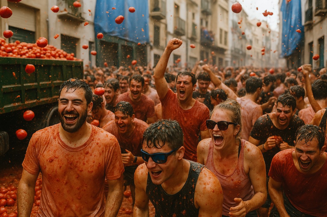 스페인 부뇰의 거리에서 서로에게 토마토를 던지며 열정적으로 라 토마티나 축제를 즐기고 있는 장면