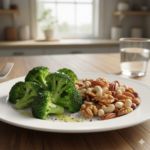 깨끗하게 손질된 브로콜리와 견과류 접시