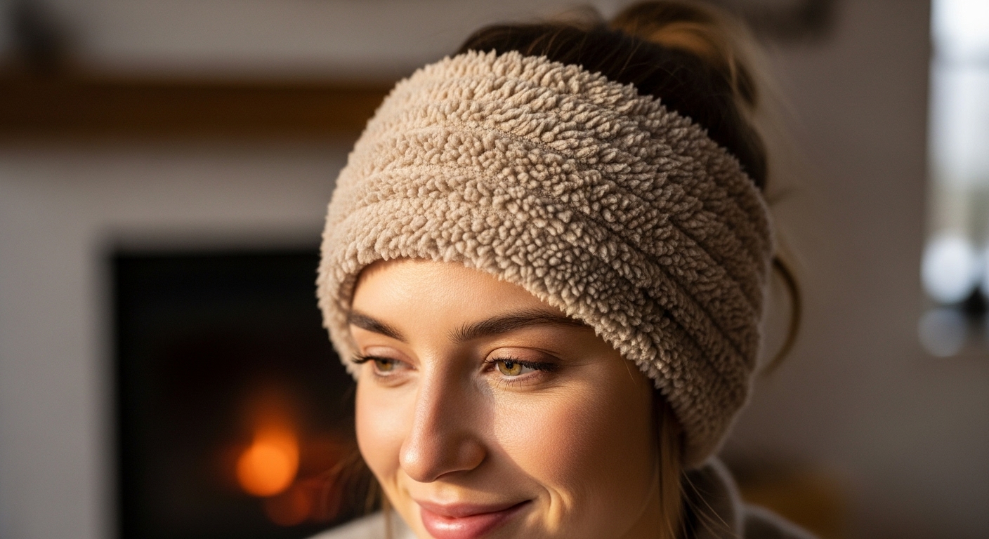 뽀송한 베이지색 플리스 헤어밴드를 착용한 여성의 클로즈업.