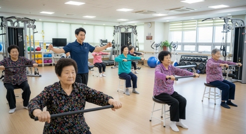 주야간보호센터에서 체조하는 어르신들