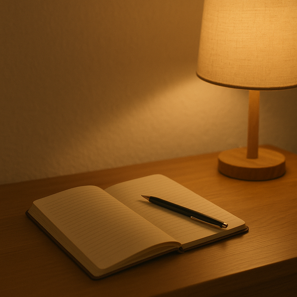 조명이 켜진 책상 위에 노트와 펜이 놓인 따뜻한 공간