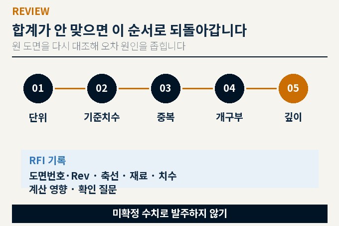 단위, 기준치수, 중복, 개구부, 깊이 순서로 면적 오차를 점검하고 RFI로 전환하는 도식