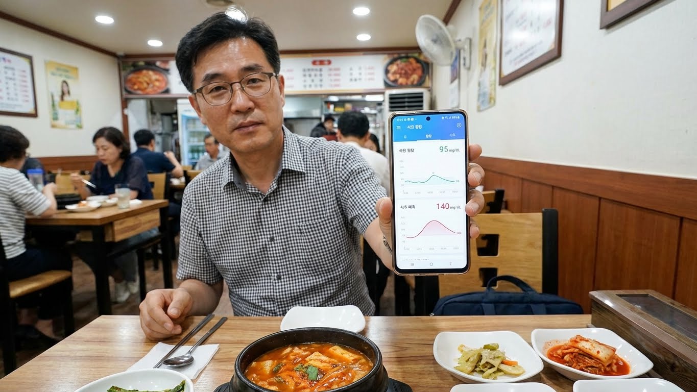 남성이 식당에서 밥을 먹기 전 스마트폰으로 혈당 측정 앱을 켜는 모습