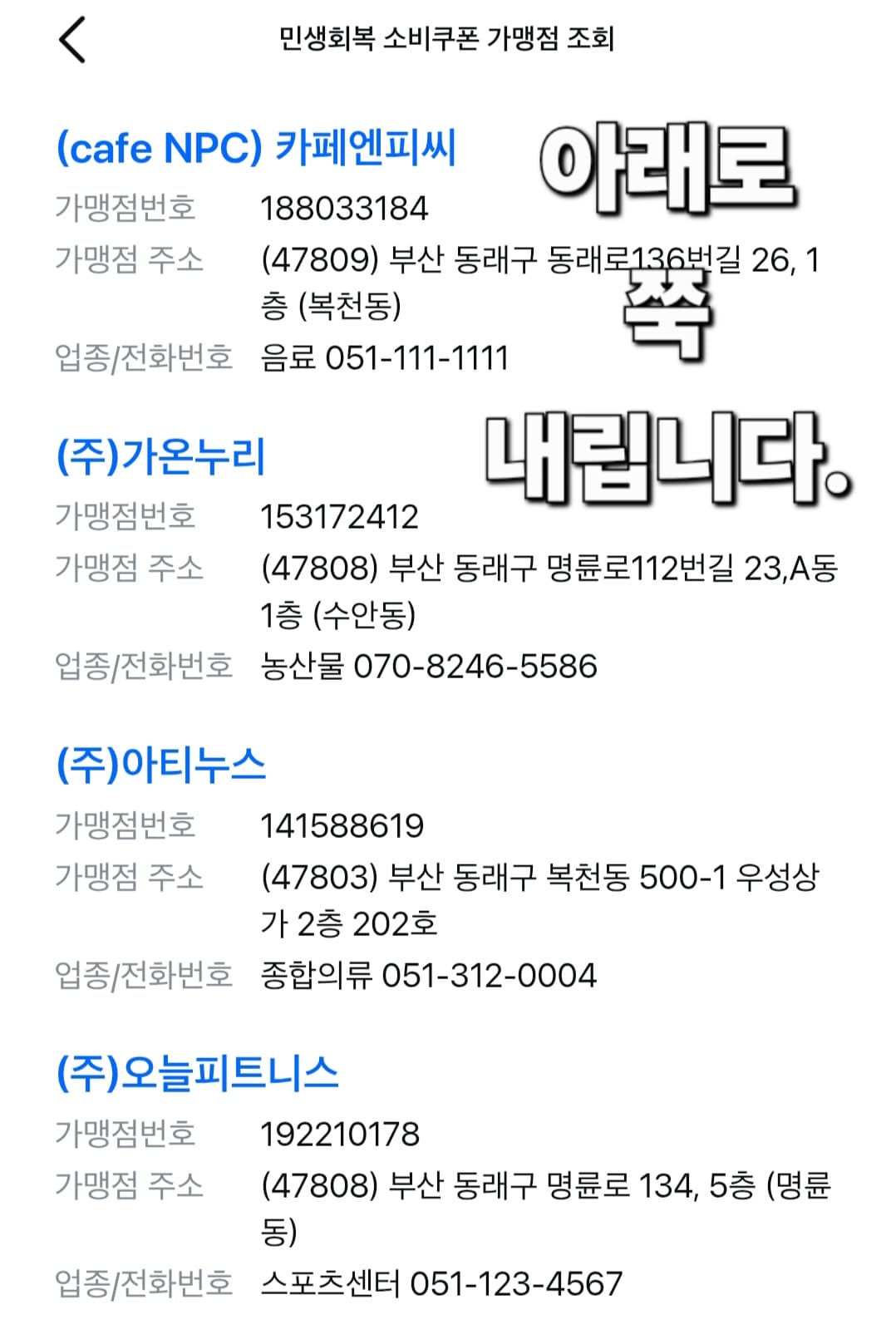 민생회복-소비쿠폰-가맹점-조회-방법-안내-아래로-쭉-내리면-해당-지역의-가맹점-목록들이-나오는데요.-가맹점-번호,-주소,-업종-및-전화번호까지-정리되어-나오는-것을-알-수-있습니다.