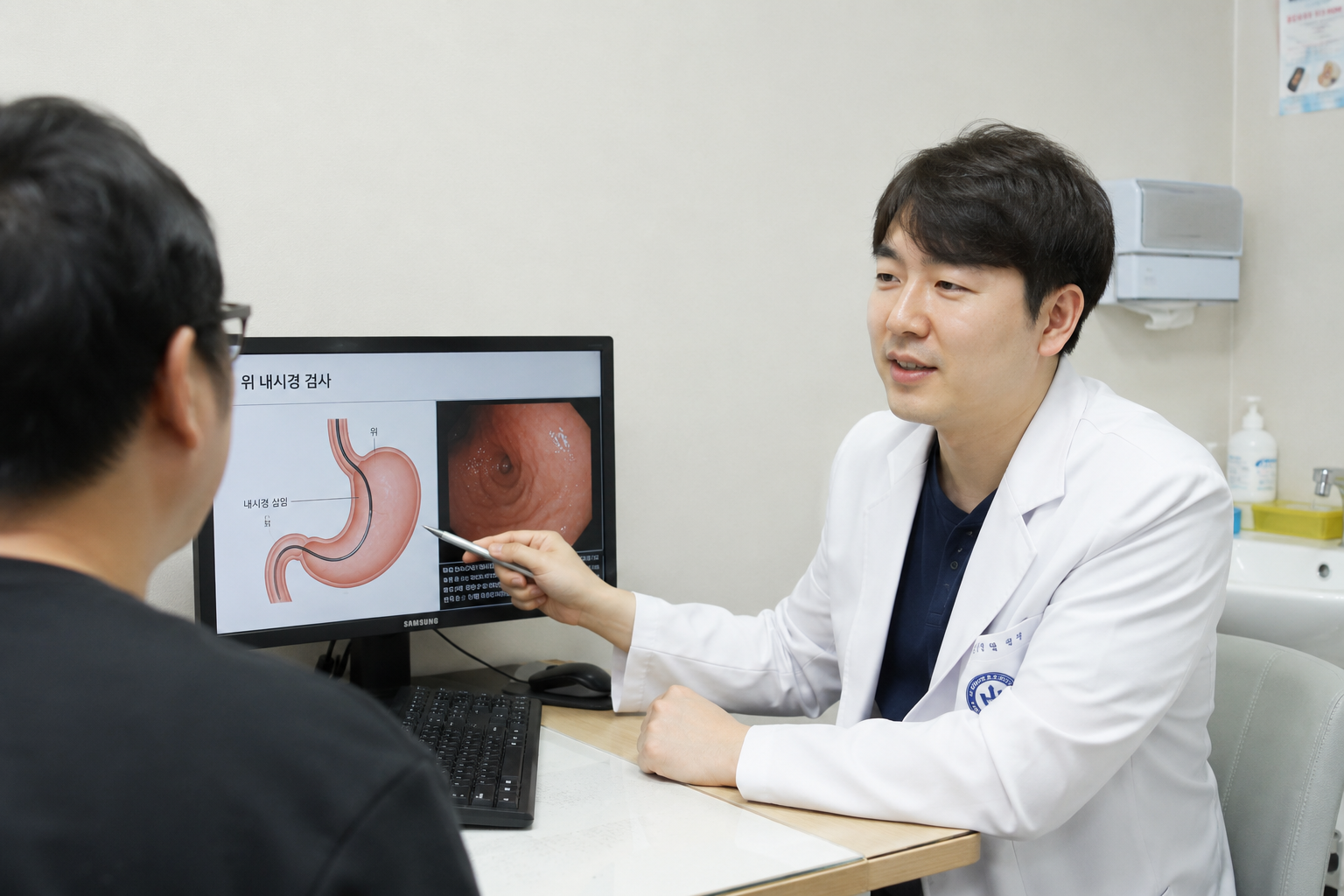 의사가 환자에게 디지털 화면으로 내시경 검사를 설명하는 모습