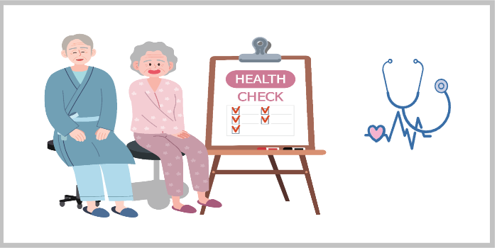 "건강검진 항목 체크리스트 앞에 앉아 있는 노년 남녀와 청진기 아이콘이 포함된 건강검진 안내 이미지"