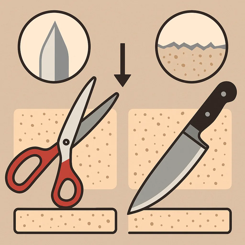 날이 선 가위와 사용 후 무뎌진 칼날을 비교해 보여주는 일러스트
