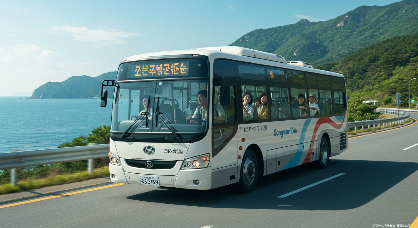 강원도의 아름다운 해안 도로를 달리는 시외버스 안에서 풍경을 감상하는 한국인들.