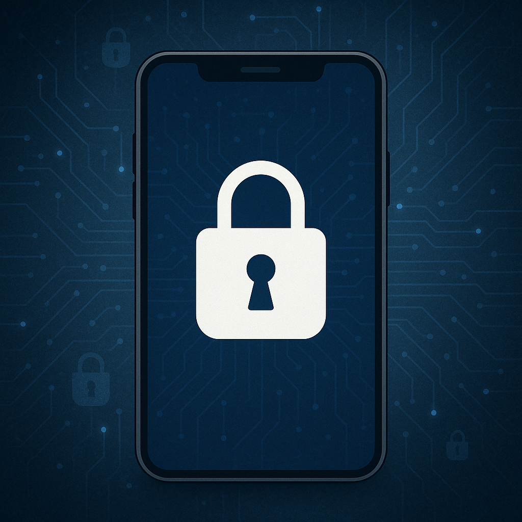 스마트폰 화면에 자물쇠 아이콘이 떠 있는 보안 느낌의 배경 