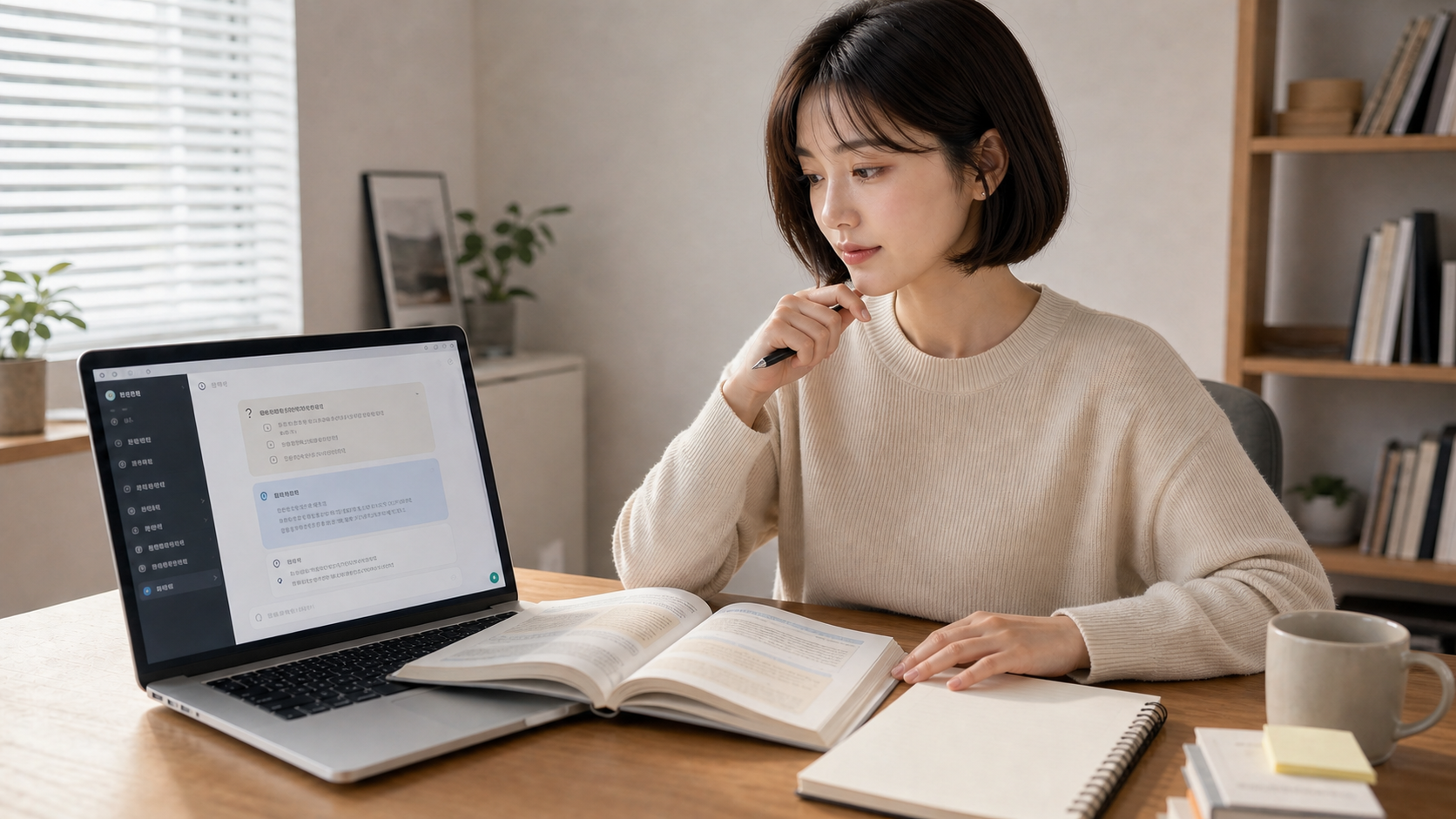 서윤이 노트북의 ChatGPT 공부 모드 화면을 보며 공부하는 현실적인 책상 장면