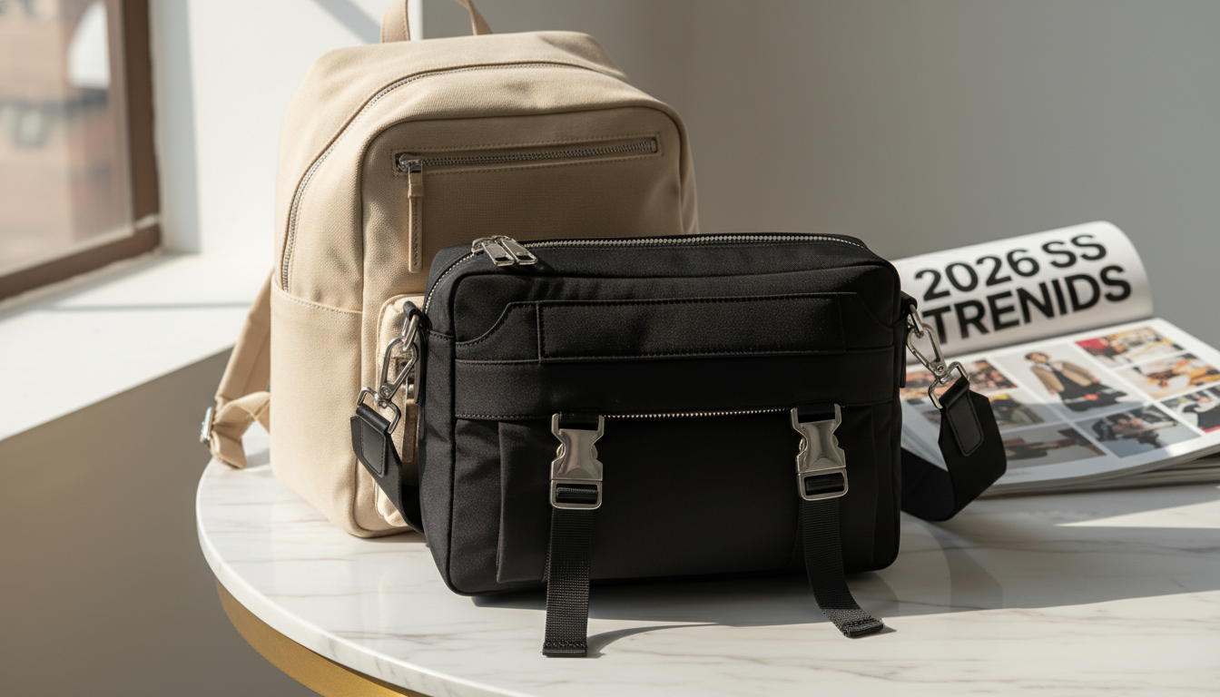 실버 메탈 장식이 돋보이는 프라다 26SS 블랙 숄더백과 클래식한 베이지 캔버스 백팩의 상세 디자인