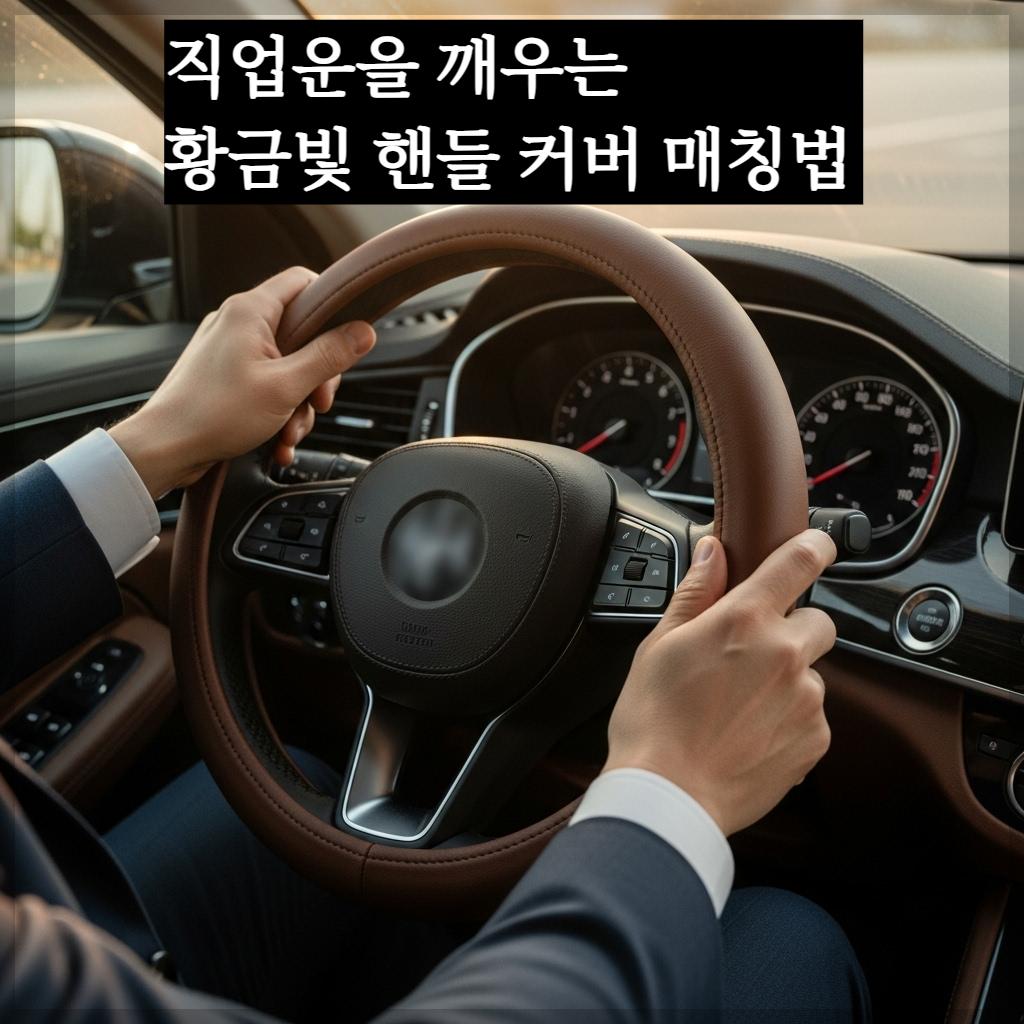 고급스러운 자동차 실내에서 세련된 가죽 핸들 커버를 씌운 핸들을 성공한 분위기의 한국인 남성이 자신감 넘치는 손길로 잡고 있는 모습. 따뜻한 햇살이 핸들 위로 부드럽게 내리쬐며 고급스러운 질감이 강조된 사진
