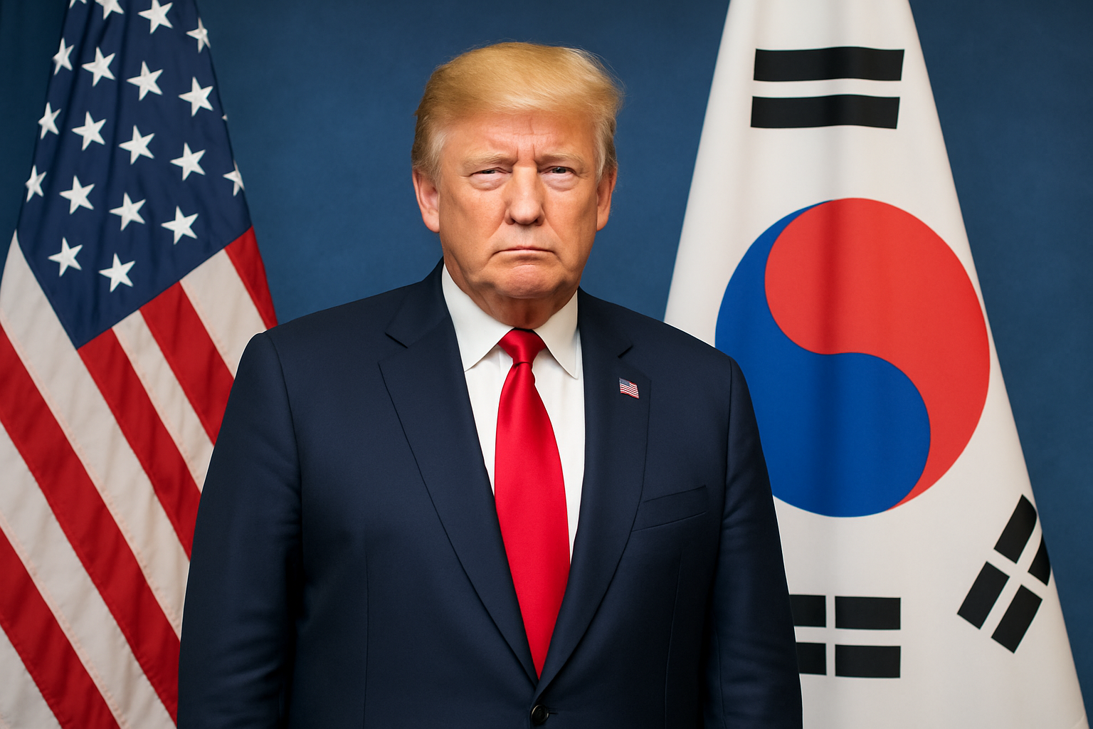 Donald Trump standing between U.S. and South Korean flags with a serious diplomatic expression