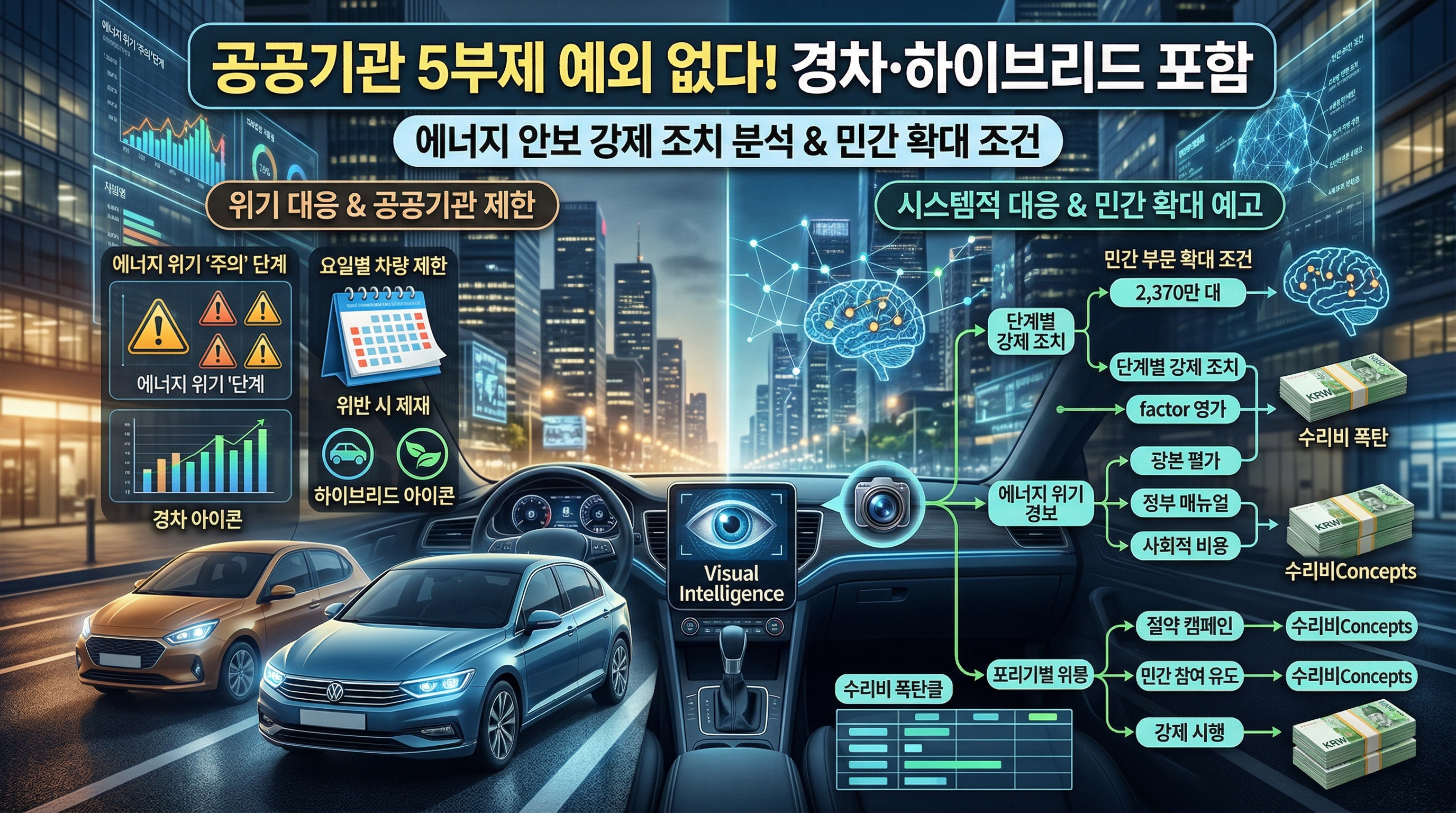 에너지 위기 주의 단계 격상으로 공공기관 차량 5부제 전면 시행. 경차&middot;하이브리드 포함 이유, 위반 시 징계, 민간 2370만 대 의무화 조건