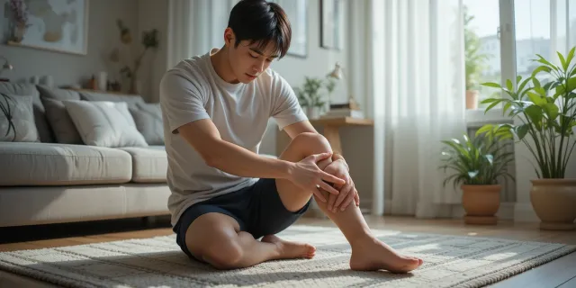 콘드로이친 철갑상어 보충제 복용 후 아침에 무릎 스트레칭하는 남성의 모습