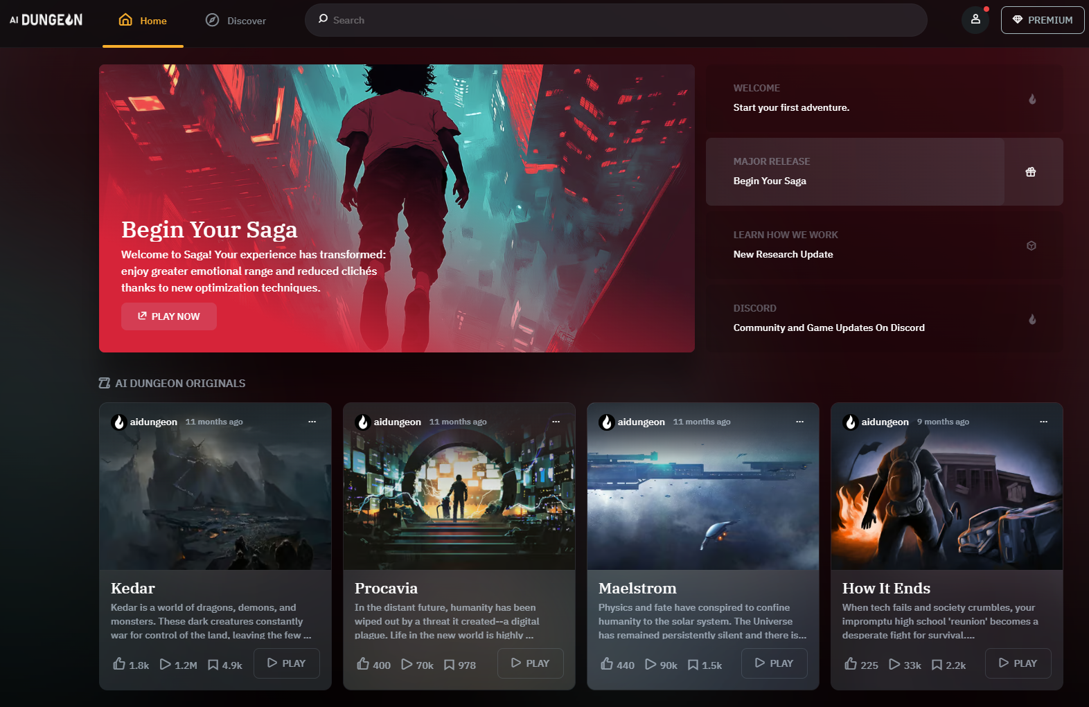 AI Dungeon은 사용자가 텍스트 기반으로 이야기를 생성할 수 있는 인터랙티브한 게임입니다. 이 게임은 OpenAI의 GPT 모델을 사용하여 플레이어가 원하는 대로 이야기를 만들어 나갈 수 있게 도와줍니다. 기본적으로 플레이어는 자신이 원하는 설정, 캐릭터, 장소 등을 선택하거나 직접 입력하여 스토리를 시작할 수 있습니다.