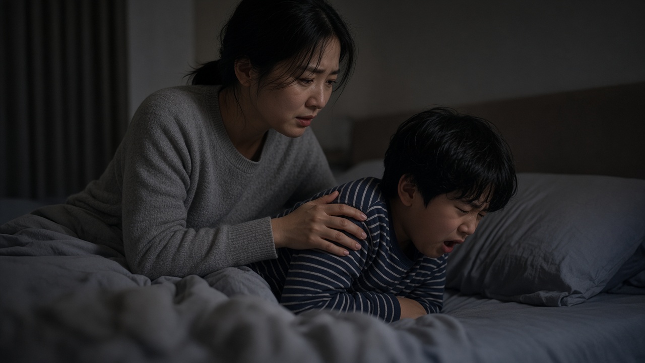 밤에 마른기침을 하는 아이의 등을 쓸어 주는 30대 한국인 엄마