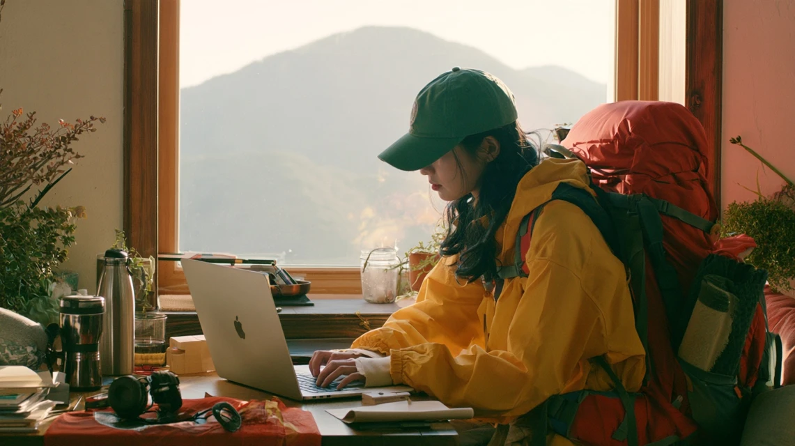 등산을 마치고 만족스럽게 하산하는 모습