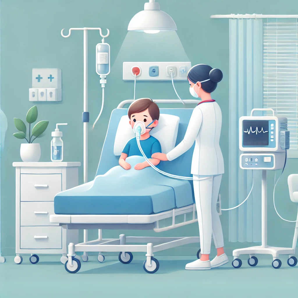 폐렴걸린 아이의 호흡기 치료모습