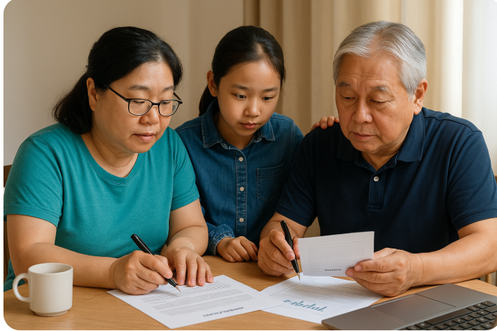 가족이 함께 보험 서류를 검토하며 재정 계획을 세우는 모습