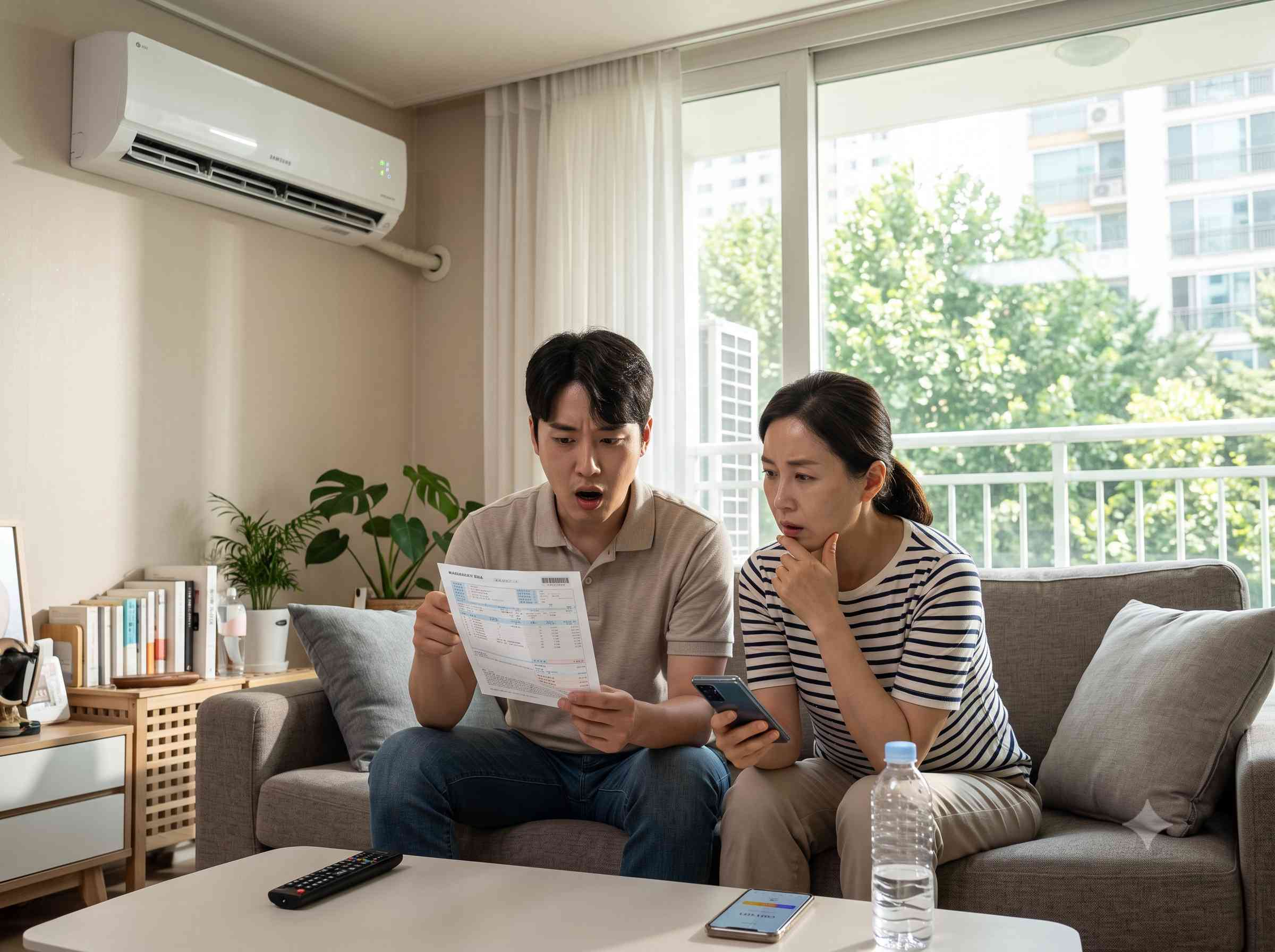 무더운 여름날 거실에서 에어컨을 켠 채 전기요금 고지서를 확인하며 걱정하는 가정의 모습