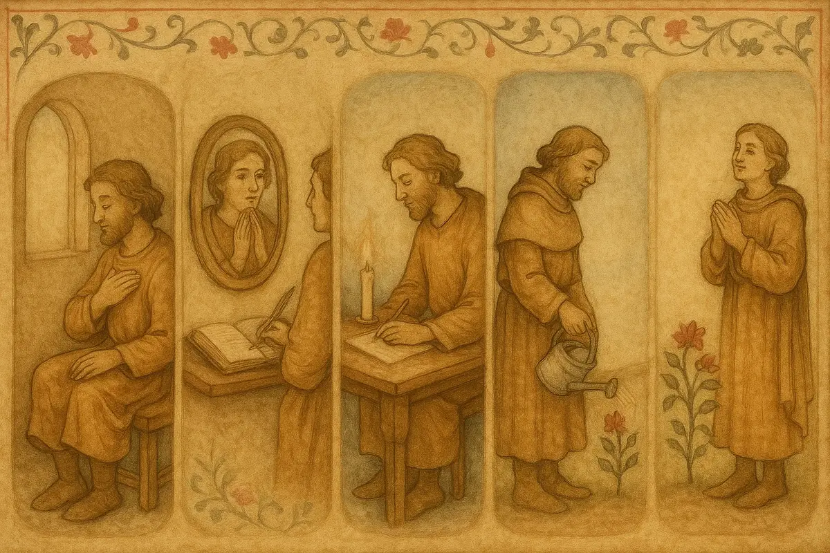 수도사의 성찰과 기도 과정을 담은 일러스트