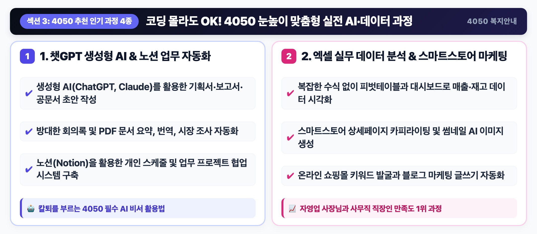 코딩 몰라도 OK 4050 눈높이 맞춤형 실전 AI 데이터 과정 인포그래픽 - 챗GPT, 노션, 엑셀, 스마트스토어 마케팅 비교