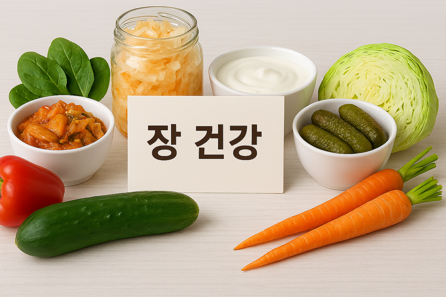장 건강에 좋은 발효식품과 채소류 이미지