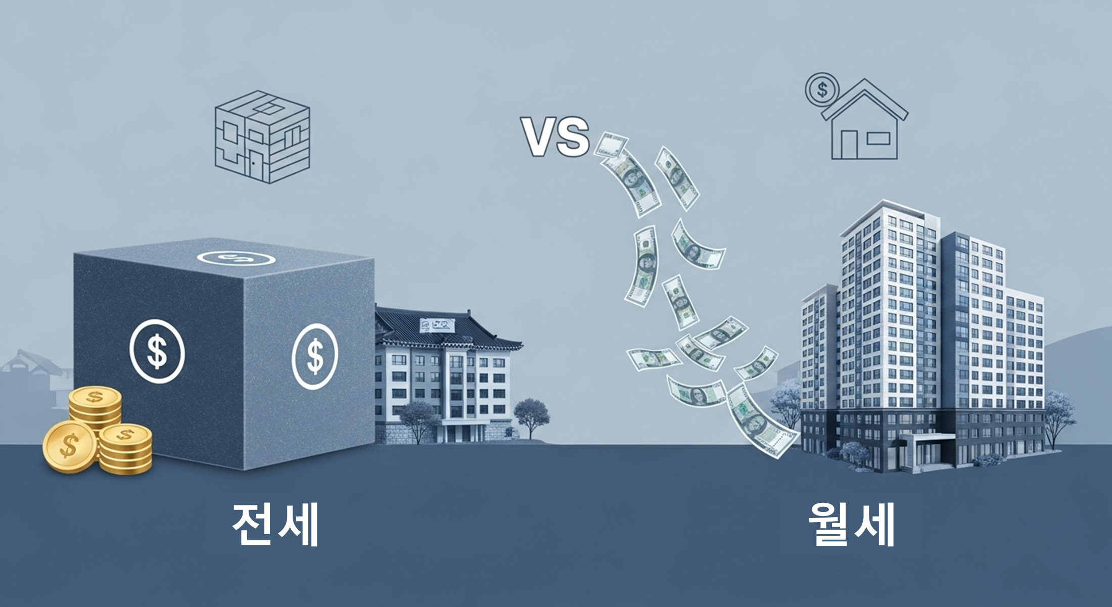 전세와 월세 중 더 유리한 주거 형태를 선택하기 위해 고민하는 사람의 모습을 형상화한 이미지