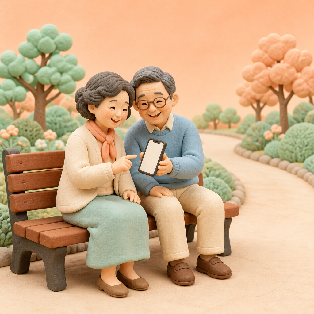 공원 산책길 벤치에서 휴대폰을 보며 웃는 부부