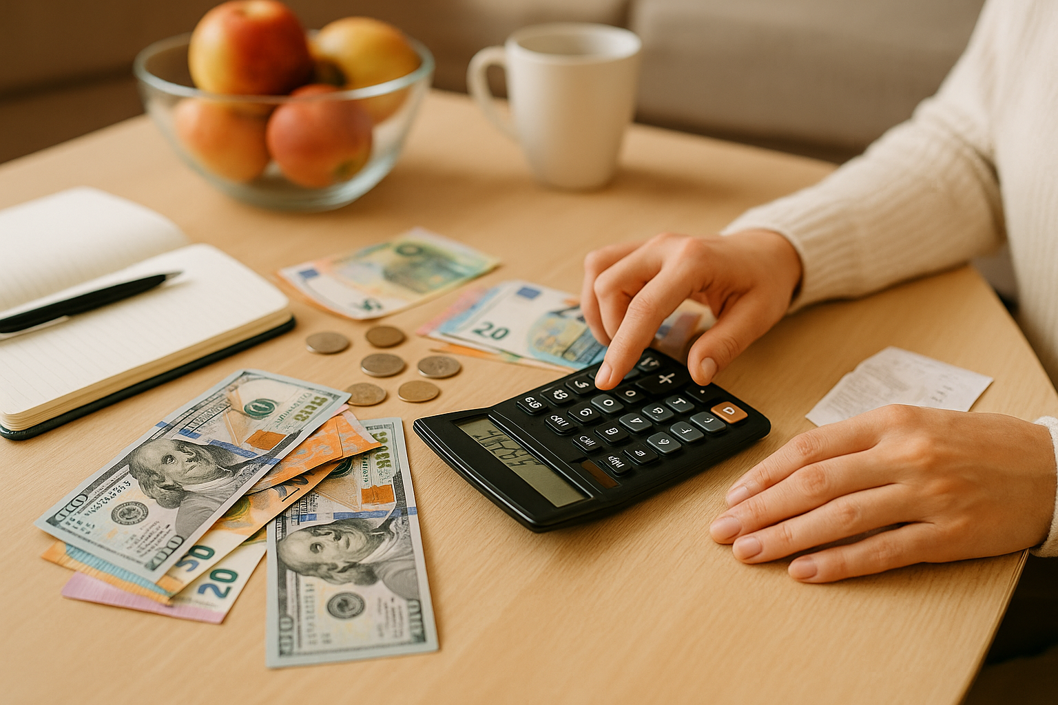 가계부를 정리하며 지출을 계산하는 손