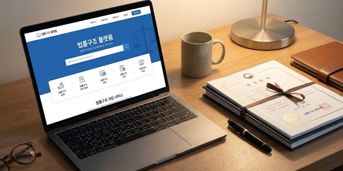 깔끔한 사무실 배경에 &amp;#39;법률구조 플랫폼&amp;#39; 웹사이트