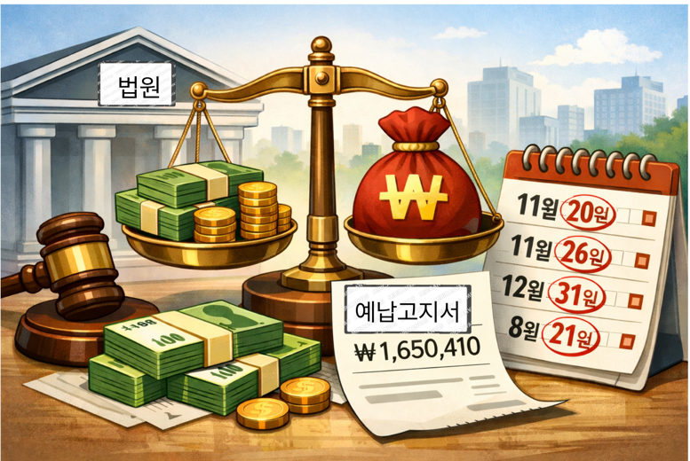 부당이득금 강제집행과 경매 예납 과정을 표현한 법원 관련 일러스트 이미지