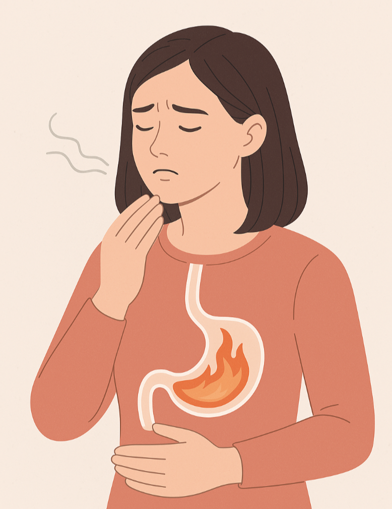 지속되는 가슴쓰림 및 인후통증을 느끼는 사람의 모습