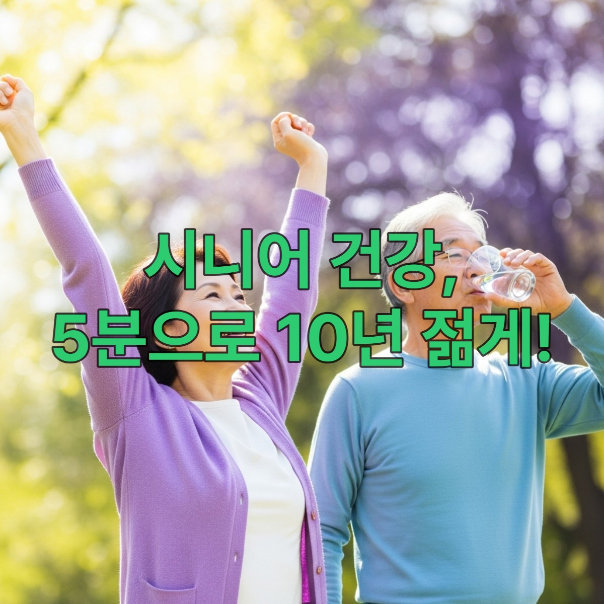 햇살 가득한 공원에서 활기차게 스트레칭하고 물을 마시는 건강한 시니어 부부의 모습