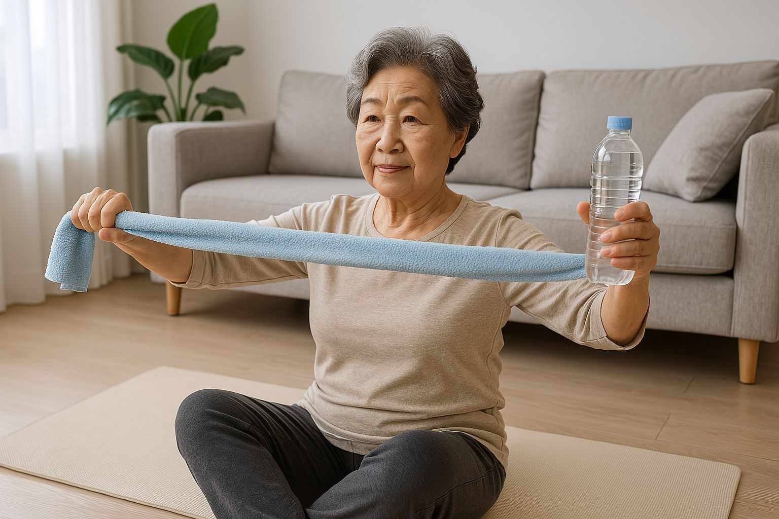 집에서 수건과 생수병을 이용해 근력 운동을 하는 시니어의 모습, 근감소증 예방을 위한 홈트레이닝