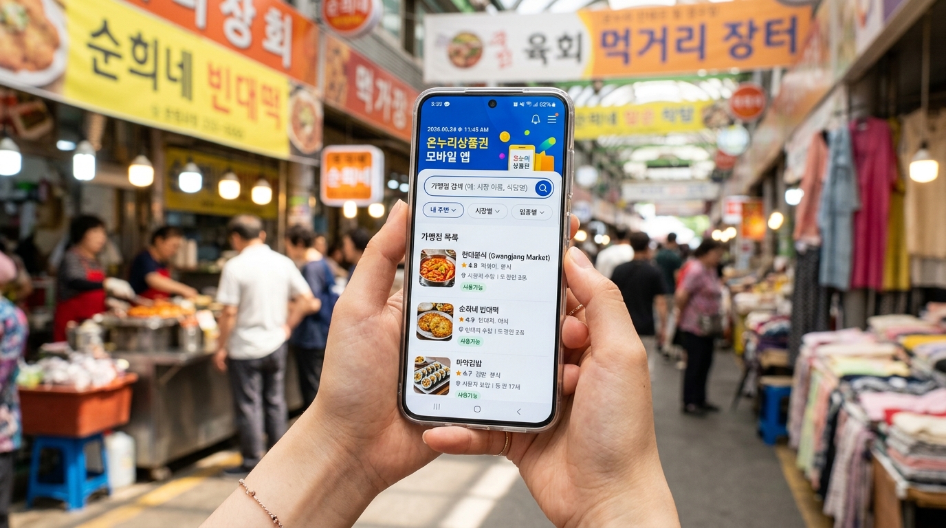 가맹점 검색 화면을 실행한 디지털 온누리 앱 화면