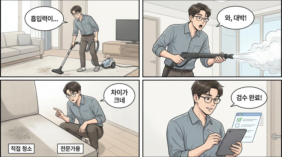 전문 장비의 위력과 사후관리의 중요성을 깨닫는 4컷 만화