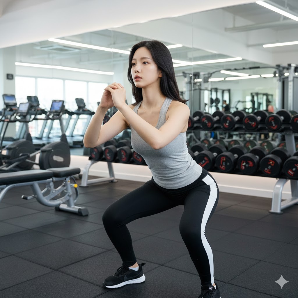 근력 운동으로 스쿼트를 하고 있는 여성 사진