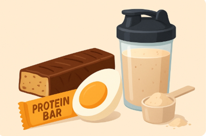 단백질 바, 삶은 달걀, 단백질 셰이크가 깔끔하게 놓인 헬시 간식 세트 일러스트 – 건강한 오후 루틴을 연상시키는 구성