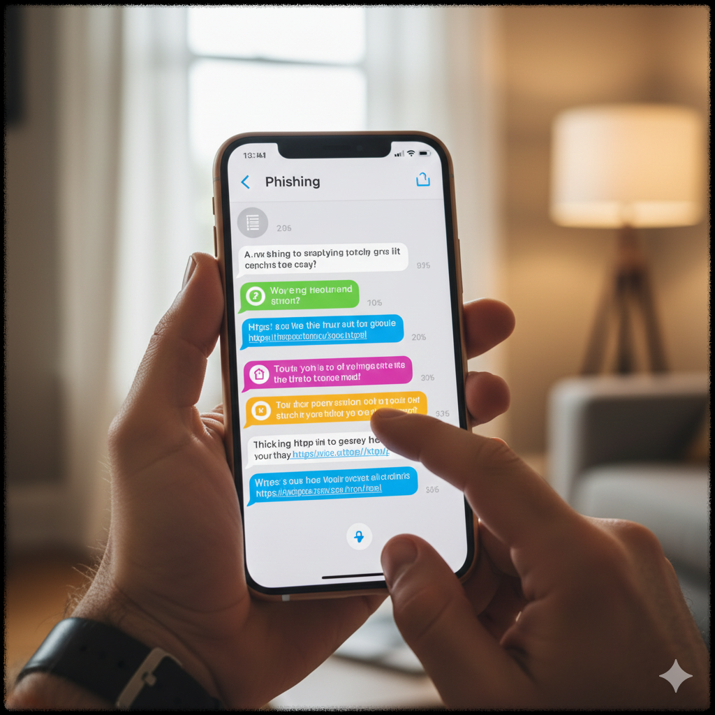 스미싱, 피싱 메시지를 주의 깊게 살펴보는 모습