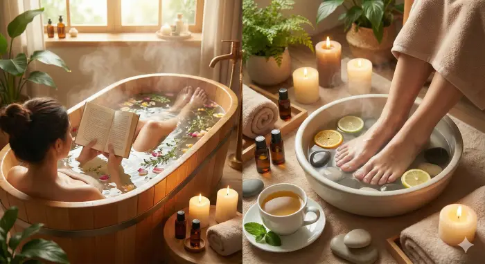 따뜻한 자연 채광이 드는 공간에서, 왼쪽에는 한 사람이 허브와 꽃잎이 띄워진 나무 욕조에서 반신욕을 하며 책을 읽고 있고, 오른쪽에는 다른 사람의 발이 김이 나는 족욕기에 담겨 있다. 주변에는 아로마 캔들, 에센셜 오일, 수건, 식물, 차 한 잔이 놓여 있어 편안하고 건강한 분위기를 연출하는 사진이다.