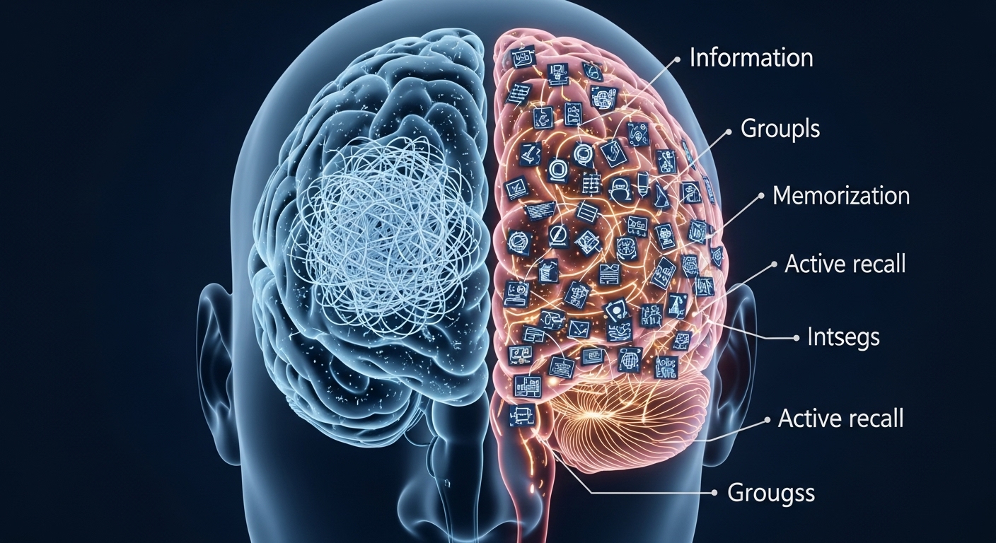 뇌과학 기반의 그룹핑, 인출 연습 등 효율적인 암기 전략을 시각적으로 표현한 이미지