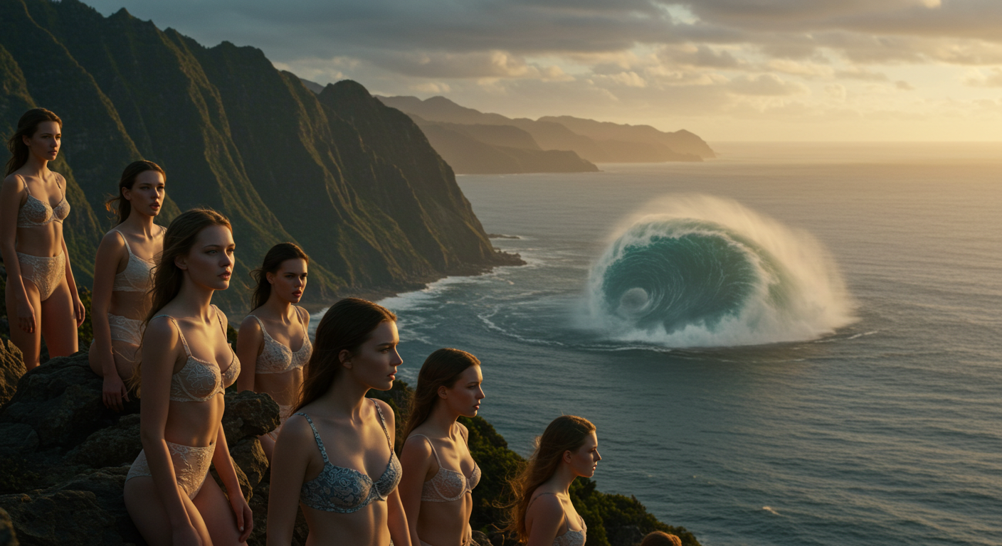 쓰나미를 바라보는 여성들