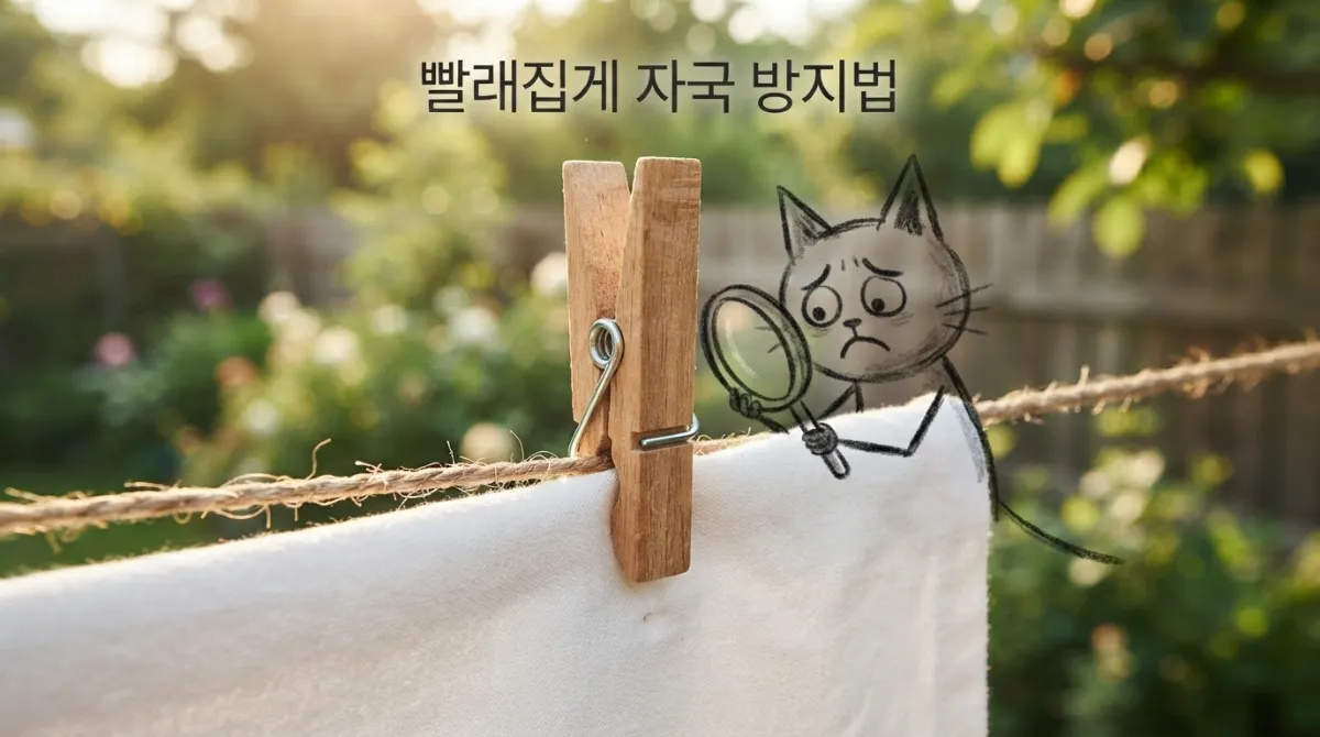 빨래줄에 걸린 면 옷감을 단단히 집고 있는 나무 빨래집게를 곁눈질하며 살펴보는 스틱 캣 캐릭터의 클로즈업 사진