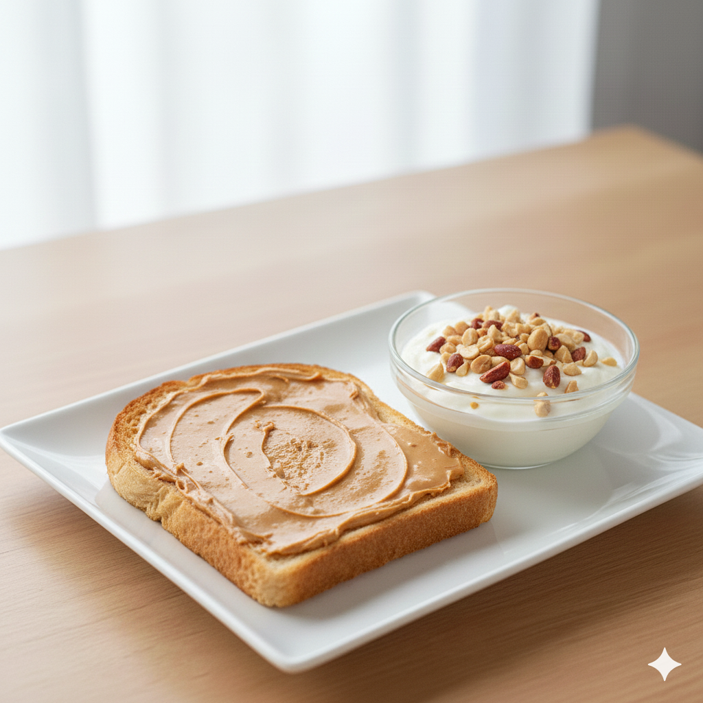 부드러운 식빵 위에 두툼하고 꾸덕하게 펴 바른 땅콩버터와 든든한 아침 식사 대용으로 좋은 땅콩을 듬뿍 올린 플레인 요거트