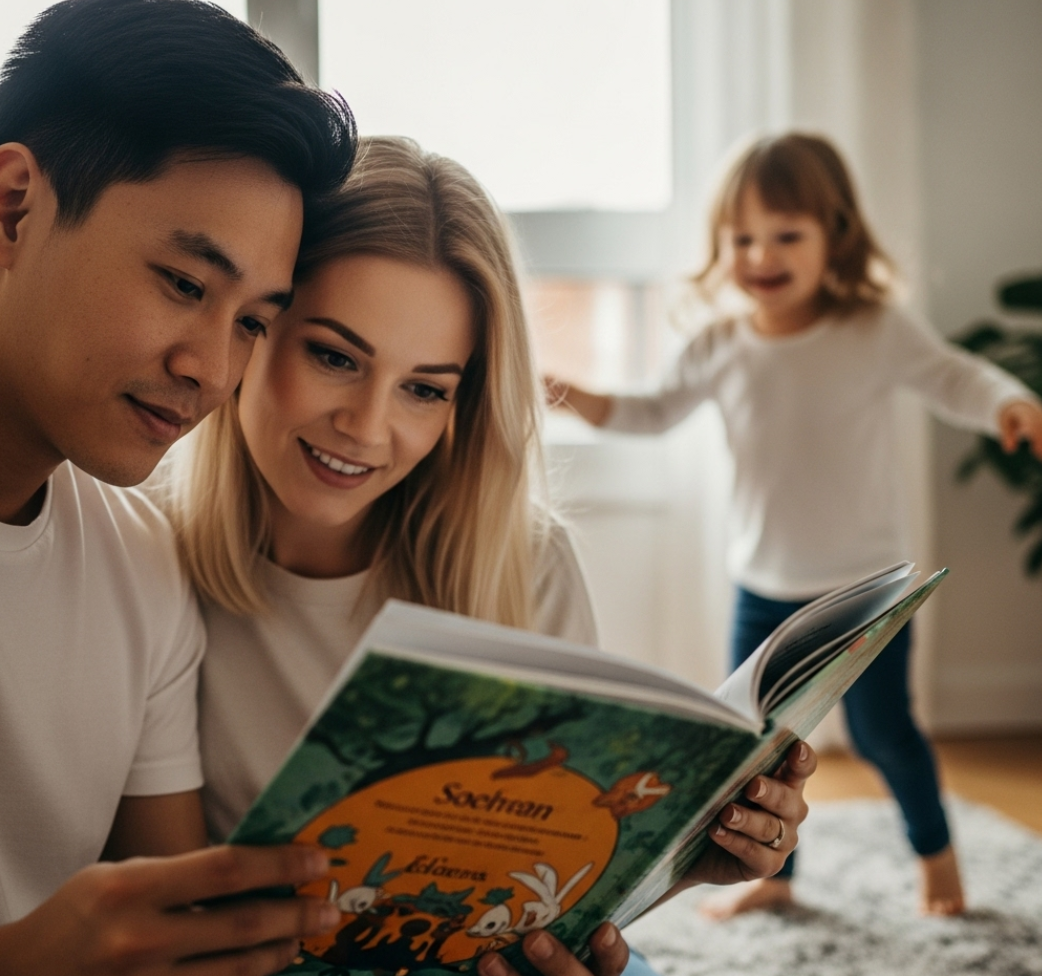 부모가 책을 읽고 있고 아이는 뒤에서 놀고 있는 사진