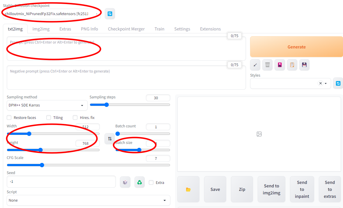 AUTOMATIC1111 - text2img 화면중 가장 중요한 부분