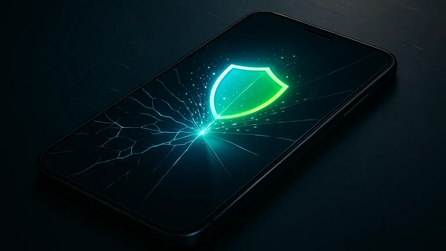 깨진 스마트폰 액정 위로 방패 아이콘이 나타나며 액정이 복구되는 이미지. 온라인상의 상처를 법적 보호막으로 치유하고 회복하는 과정을 상징