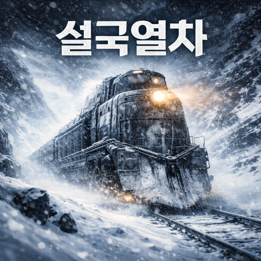 폭설을 뚫고가는 설국열차 이미지. 영화제목 설국열차 문구가 삽입되어 있음.